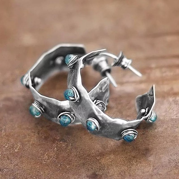 Bohemian Minimalist Geometric Turquoise Stone Hoop Earrings NWT - Picture 3 of 5